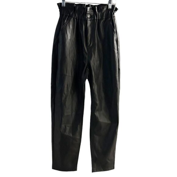 Zara Black Faux Leather High Waisted Paper-bag Waist Pants Size 2 - Picture 3 of 16